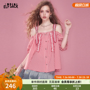 新款 女2025年夏季 甜美设计感上衣 口袋露肩格纹蕾丝边雪纺衫 妖精