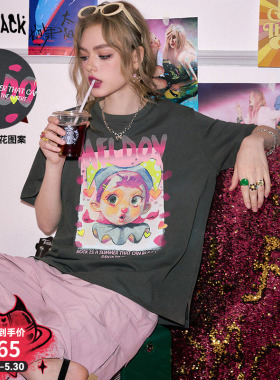 妖精的口袋灰色印花正肩短袖t恤女2026夏新款宽松休闲设计感上衣