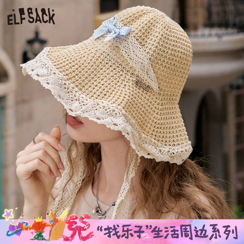 妖精的口袋蕾丝蝴蝶结编织草帽2025年新款大帽檐遮阳显脸小帽子