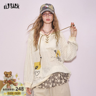 罩衫 妖精 慵懒风薄款 女26早春新款 口袋不规则贴布印花连帽针织衫