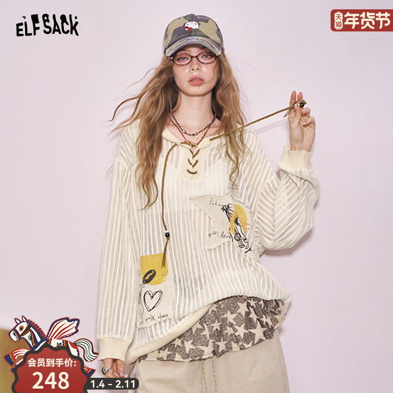 妖精的口袋不规则贴布印花连帽针织衫女25秋季新款慵懒风薄款罩衫,女装/女士精品,毛针织衫,淘宝优惠券,粉丝福利购,淘宝优惠卷