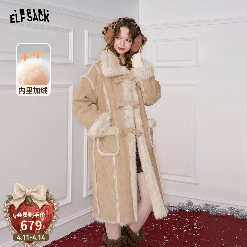 妖精的口袋复古加绒中长款毛呢外套女2025冬新款圣诞穿搭加厚大衣