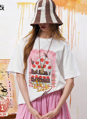 妖精的口袋白色印花短袖t恤女2026年夏新款款宽松休闲设计感上衣