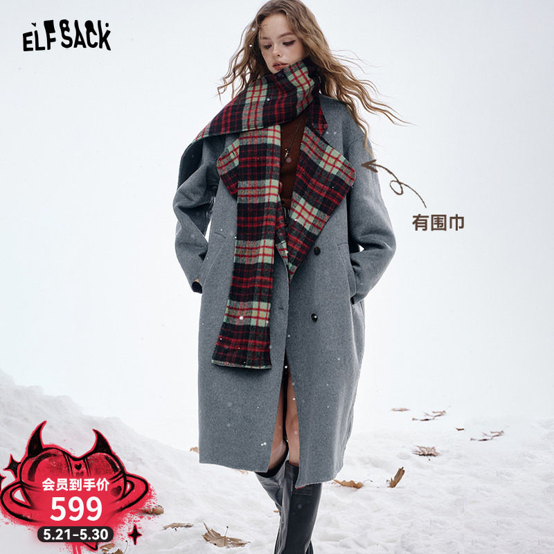 妖精的口袋格纹撞色灰色双面呢大衣女2025冬季新款高级感毛呢外套