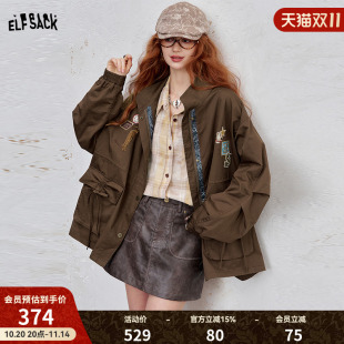 压褶显瘦工装 新款 外套 口袋原创刺绣宽松复古风衣女2025秋季 妖精