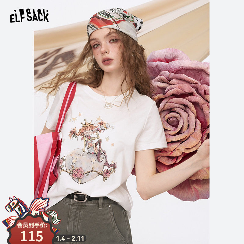 妖精的口袋白色印花短袖t恤女2025年夏季新款设计感正肩休闲上衣