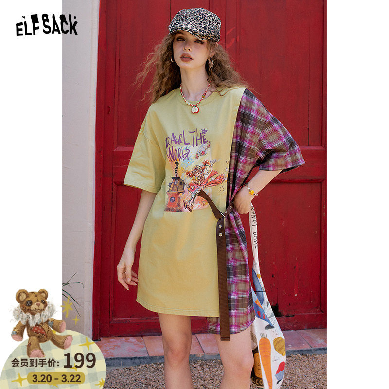 妖精的口袋原创印花格纹拼接连衣裙2026年夏新款设计感休闲t恤裙