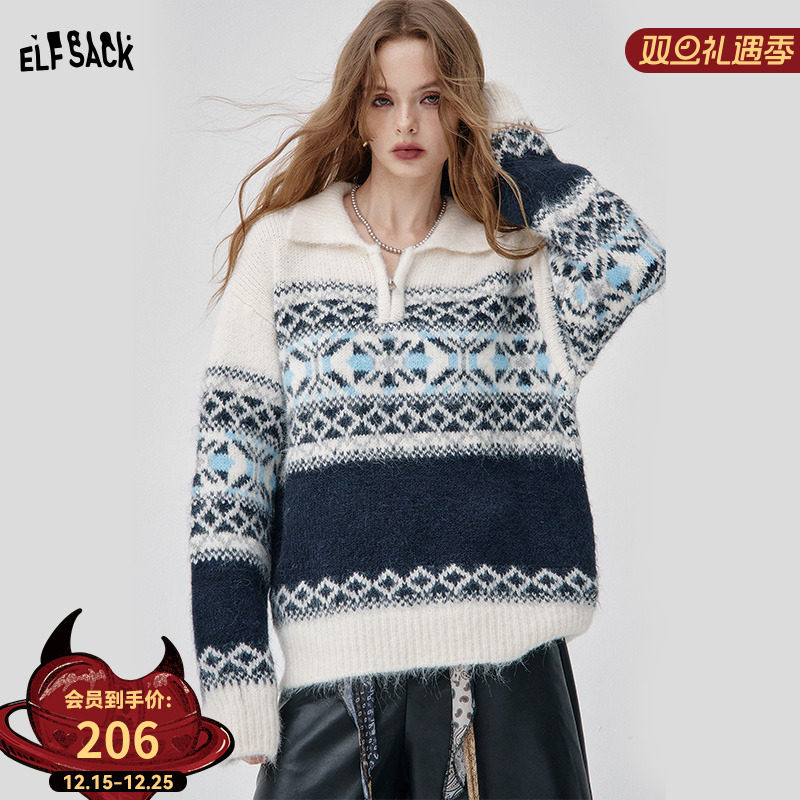 妖精的口袋复古翻领费尔岛毛衣女2025冬新款仿羊驼毛慵懒圣诞穿搭