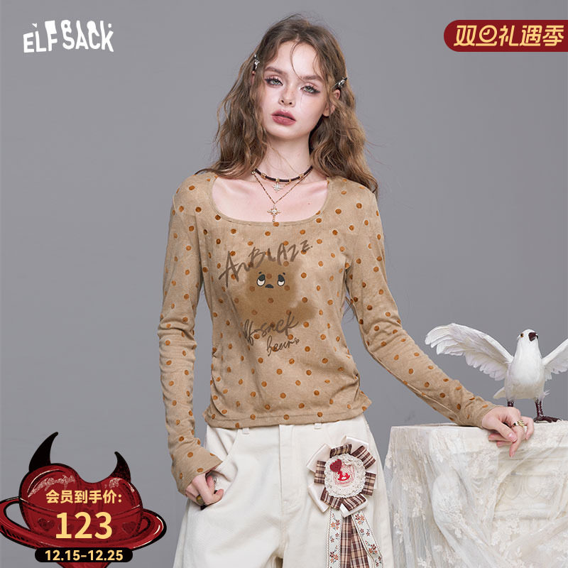 妖精的口袋波点印花u领长袖t恤女2025年早秋新款修身显瘦薄款上