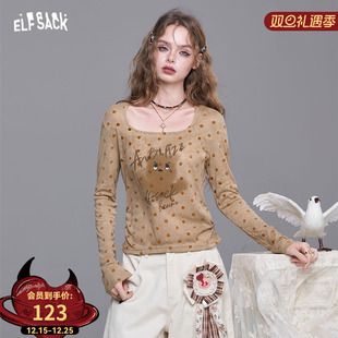 显瘦薄款 妖精 修身 t恤女2025年早秋新款 上衣 口袋波点印花u领长袖