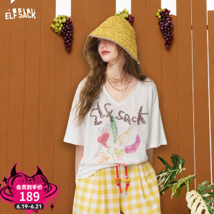 妖精的口袋白色涂鸦印花v领短袖t恤女2026夏季新款设计感宽松上衣