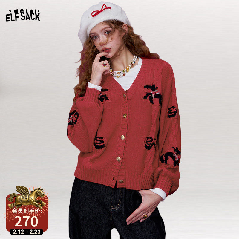 妖精的口袋甜美蝴蝶结小马针织开衫女2026春新款新年战袍红色毛衣