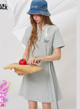 妖精的口袋字母刺绣灰色miu系连衣裙女2026夏季新款收腰减龄T恤裙