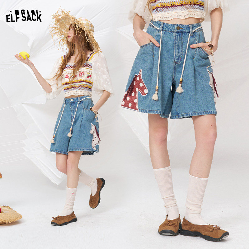 妖精的口袋重工波点小马高腰牛仔裤女2026夏季新款a字短裤阔腿裤