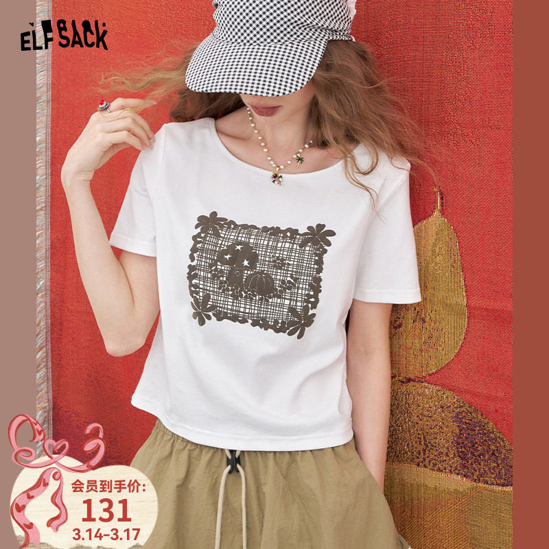 妖精的口袋蘑菇印花短袖t恤女2025夏季新款正肩显瘦白色短款上衣