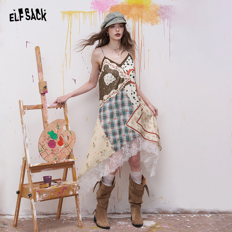 妖精的口袋蕾丝拼接碎花满印连衣裙女2026春夏新款波嬉风吊带裙子
