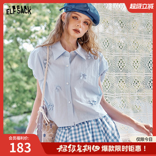 新款 妖精 女2025年夏季 口袋蝴蝶结小飞袖 设计感通勤上衣 甜美衬衫