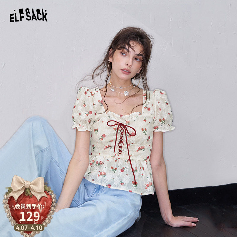 妖精的口袋碎花泡泡袖法式蕾丝衫女2025年夏季新款宫廷风甜美上衣