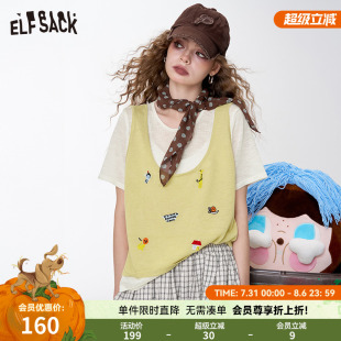 女2025年夏季 妖精 針織衫 新款 口袋假兩件動(dòng)物刺繡短袖 設(shè)計(jì)感上衣