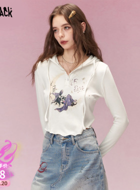 妖精的口袋白色印花连帽t恤女2026早春新款内搭修身显瘦小众上衣