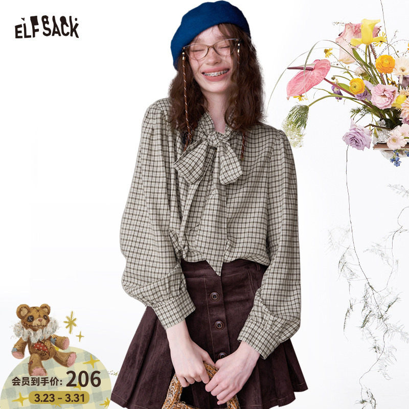 妖精的口袋系带领结灯笼袖复古格子衬衫女26早春新款叠穿内搭衬衣