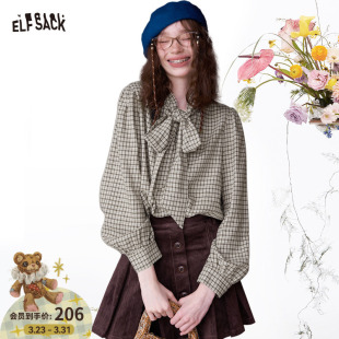女26早春新款 复古格子衬衫 叠穿内搭衬衣 口袋系带领结灯笼袖 妖精