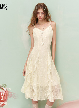 妖精的口袋白色重工蕾丝甜美连衣裙女26春夏新款高级感度假吊带裙