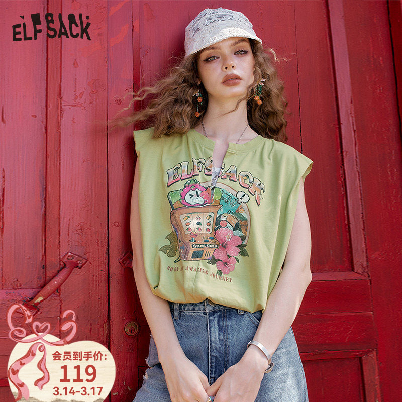 妖精的口袋白色卡通印花无袖t恤女2025年夏季新款修身设计感上衣