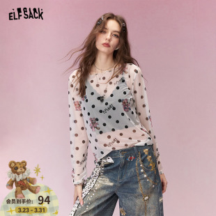 叠穿皮肤衣内搭上衣 t恤女2026年早春新款 妖精 口袋满印网纱长袖