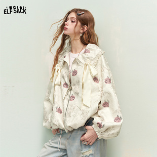 妖精的口袋玫瑰满印蕾丝拼接缎面短外套女2026春季新款重工高级感