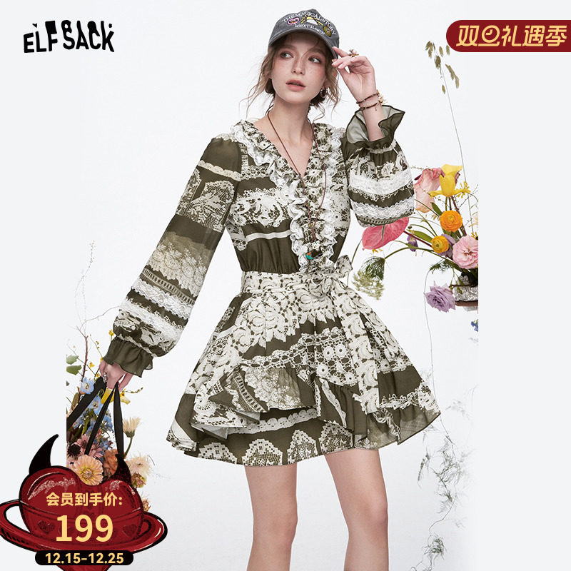 妖精的口袋宫廷风复古印花长袖连衣裙女2025秋新款度假风气质裙子