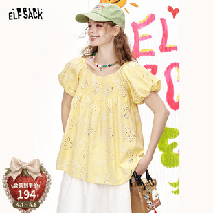 新款 妖精 甜美减龄衬衣 女2026年夏季 衬衫 口袋泡泡袖 镂空绣花短袖