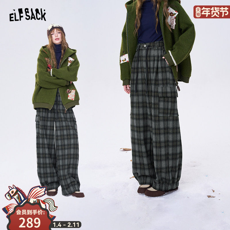 妖精的口袋复古格子工装风阔腿裤女2025冬季新款宽松休闲直筒裤子,女装/女士精品,休闲裤,淘宝优惠券,粉丝福利购,淘宝优惠卷