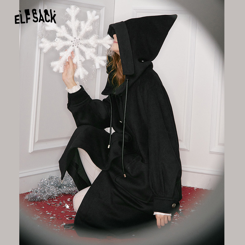 妖精的口袋【含绵羊毛】黑色中长款毛呢外套女2025冬新款呢子大衣