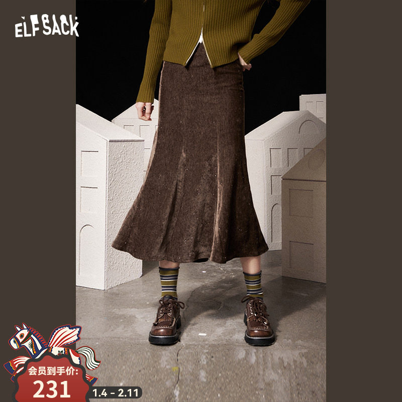 妖精的口袋美拉德a字丝绒半身裙女2025年冬季新款复古咖色鱼尾裙