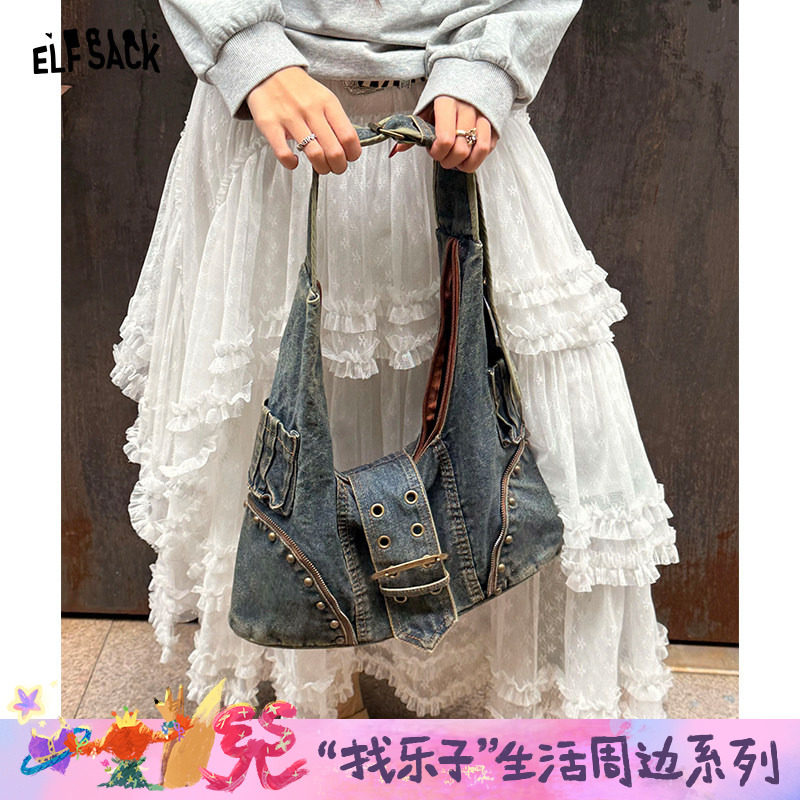 妖精的口袋美式重工复古铆钉水洗牛仔包女2026新款甜酷单肩斜挎包