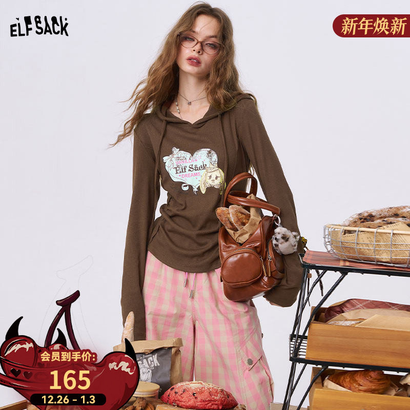 妖精的口袋抽褶印花连帽t恤女2025秋季新款修身减龄小众长袖上衣