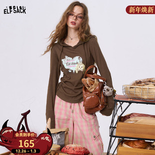 减龄小众长袖 妖精 修身 新款 上衣 口袋抽褶印花连帽t恤女2025秋季