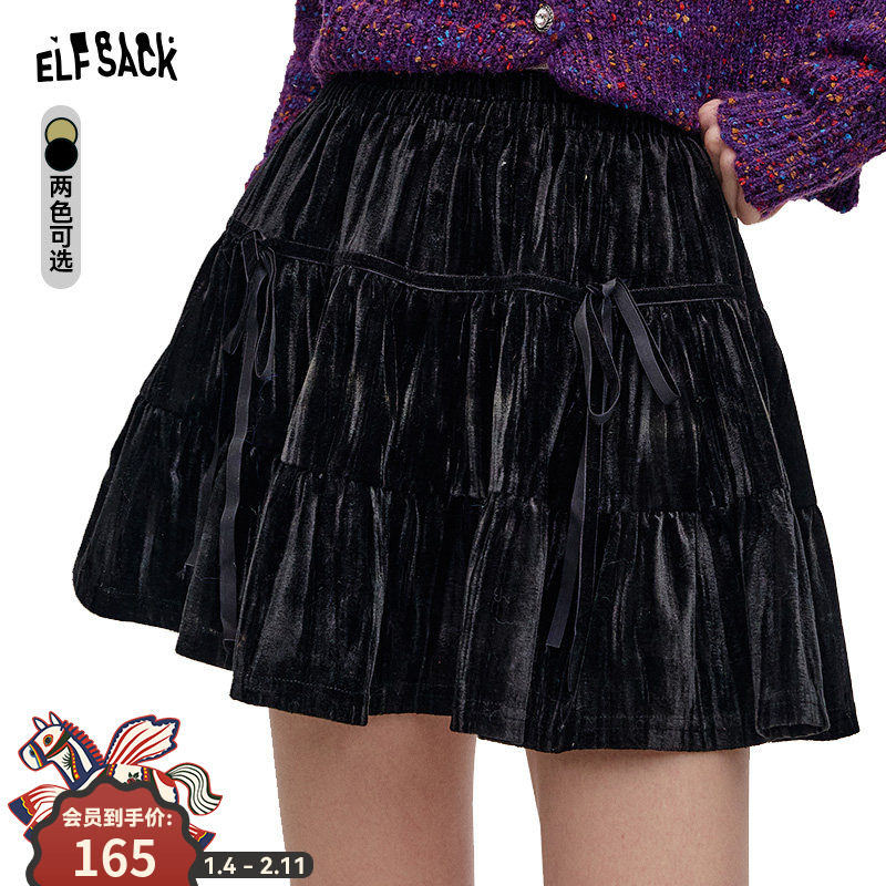 妖精的口袋黑色蝴蝶结丝绒蛋糕半身裙女2020年早春新款小个子短裙