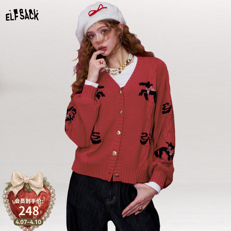 妖精的口袋甜美蝴蝶结小马针织开衫女2026年春季新款红色毛衣外套