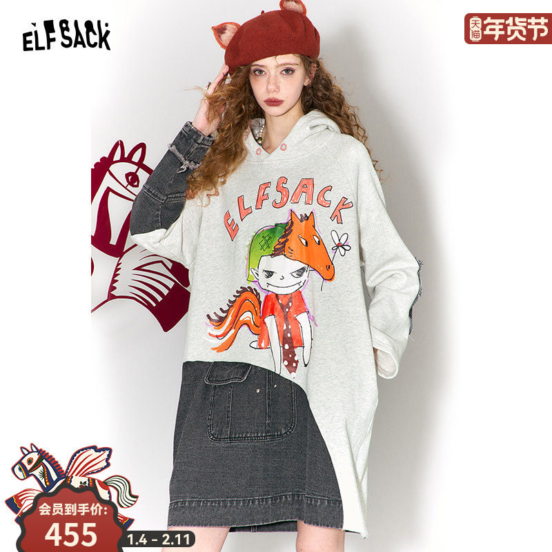 妖精的口袋鬼马印花牛仔拼接连帽连衣裙女2026冬季新款显瘦卫衣裙,女装/女士精品,连衣裙,淘宝优惠券,粉丝福利购,淘宝优惠卷