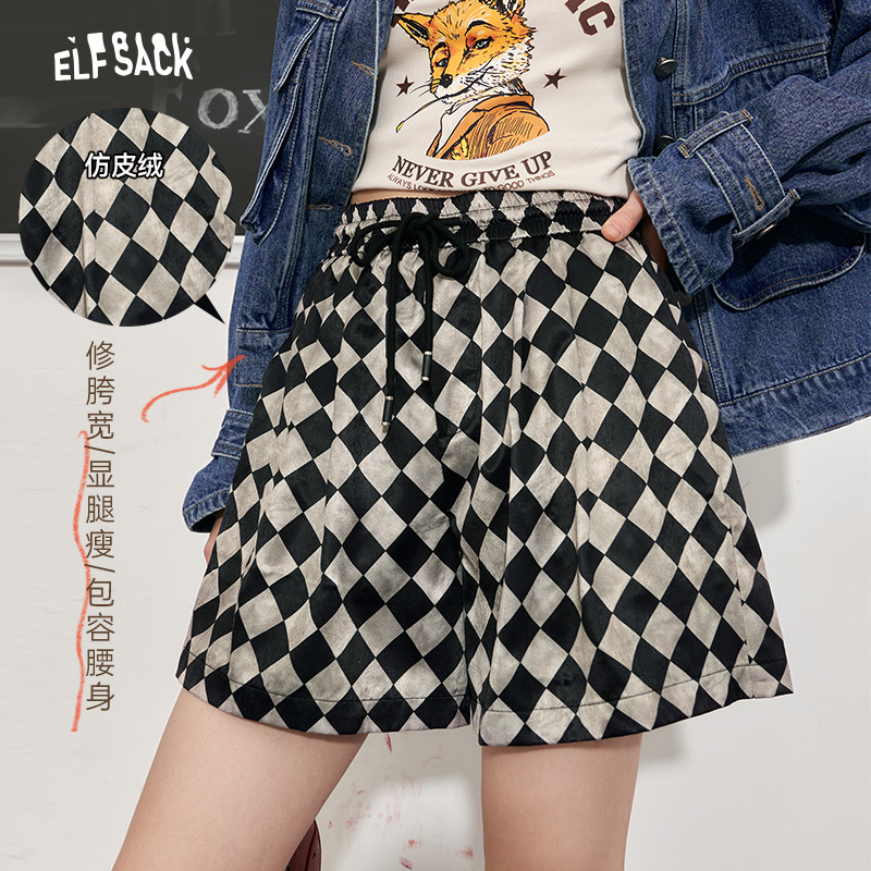 妖精的口袋棋盘格宽松阔腿短裤女2023秋季新款高腰显瘦美式休闲裤