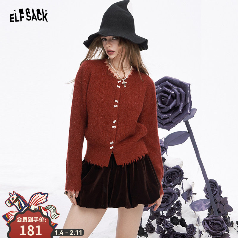 妖精的口袋蝴蝶结红色亮丝甜美毛衣女2025年冬季新款慵懒新年穿搭