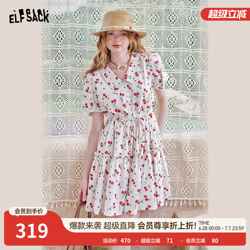 妖精的口袋樱桃印花收腰连衣裙女2025年夏季新款甜美气质短款裙子