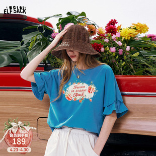 妖精的口袋蓝色印花荷叶边短袖t恤女2026年夏新款设计感宽松上衣