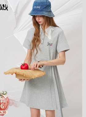 妖精的口袋字母刺绣灰色miu系连衣裙女2026夏季新款收腰减龄T恤裙