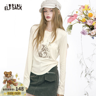 薄款 妖精 修身 t恤女2026年早春新款 上衣 口袋米白色兔子印花长袖