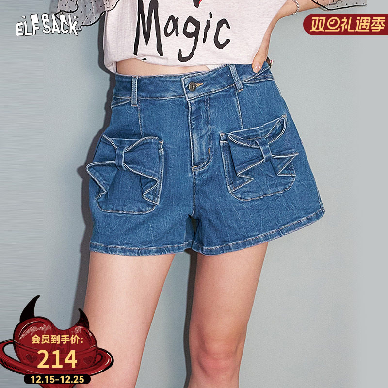 妖精的口袋蝴蝶结口袋水洗灰色牛仔裤女2025夏季新款甜酷热裤短裤