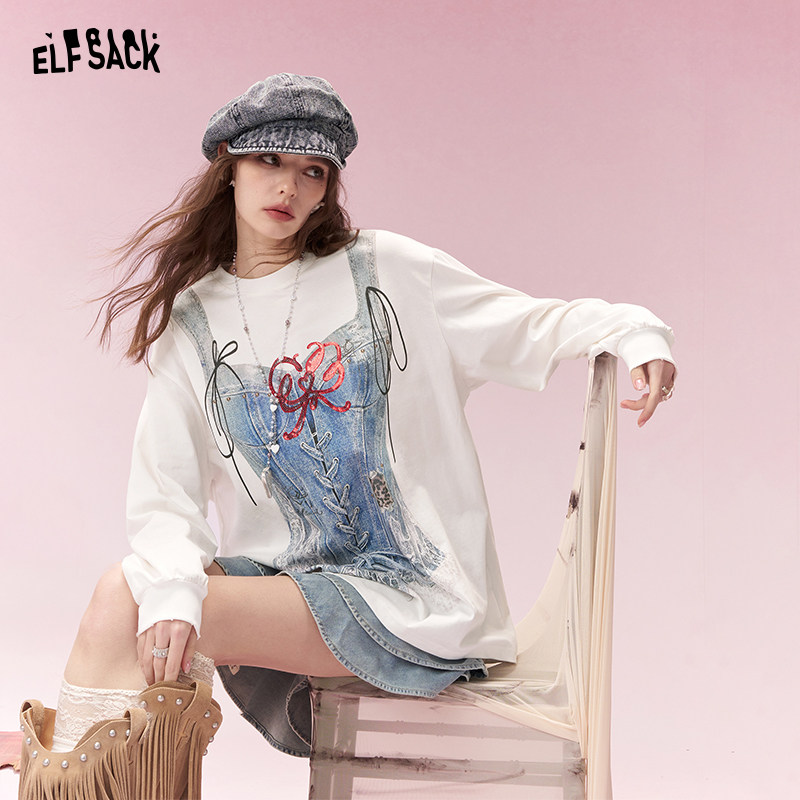 妖精的口袋白色印花长袖t恤女2026年早春新款设计感宽松内搭上衣