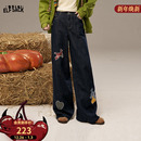 显瘦阔腿裤 女2025秋冬新款 子 口袋复古贴布绣高腰直筒牛仔裤 妖精